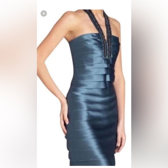BCBGMaxAzria Blue Grey Woven Embellished Halter Dress | SZ 4 - Picture 1 of 4